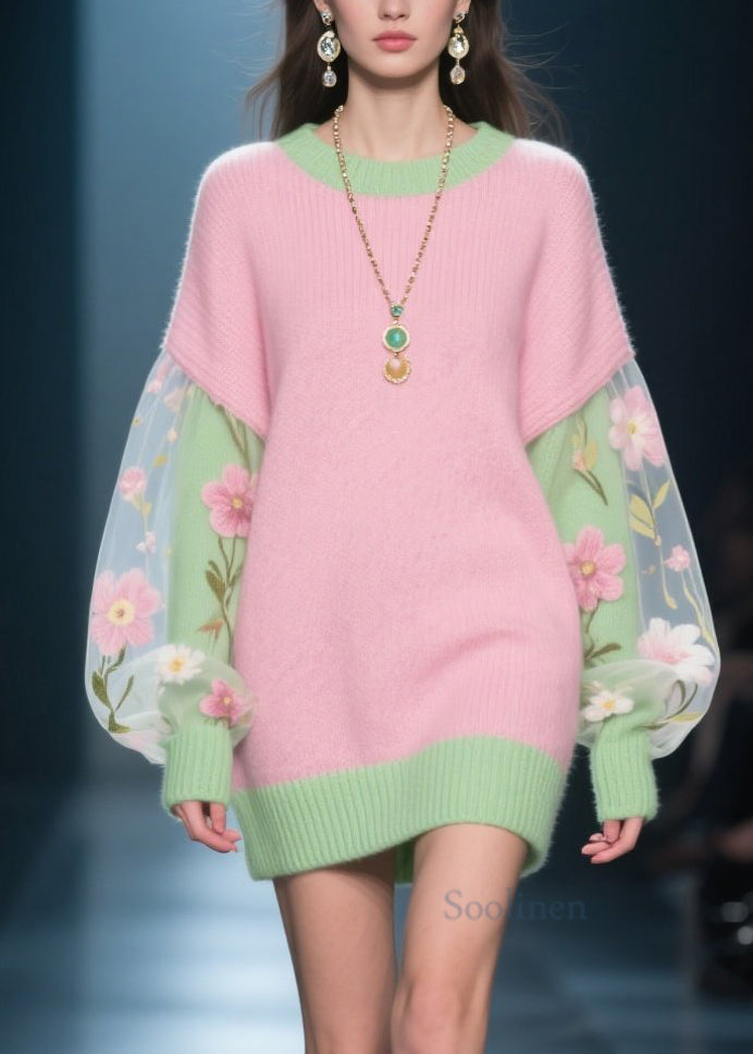 French Colorblock Tulle Floral Patchwork Knit Sweater Dress Winter