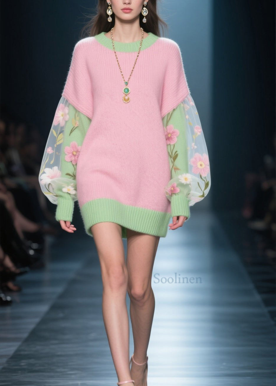 French Colorblock Tulle Floral Patchwork Knit Sweater Dress Winter