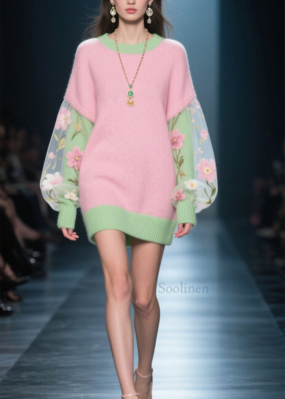 French Colorblock Tulle Floral Patchwork Knit Sweater Dress Winter