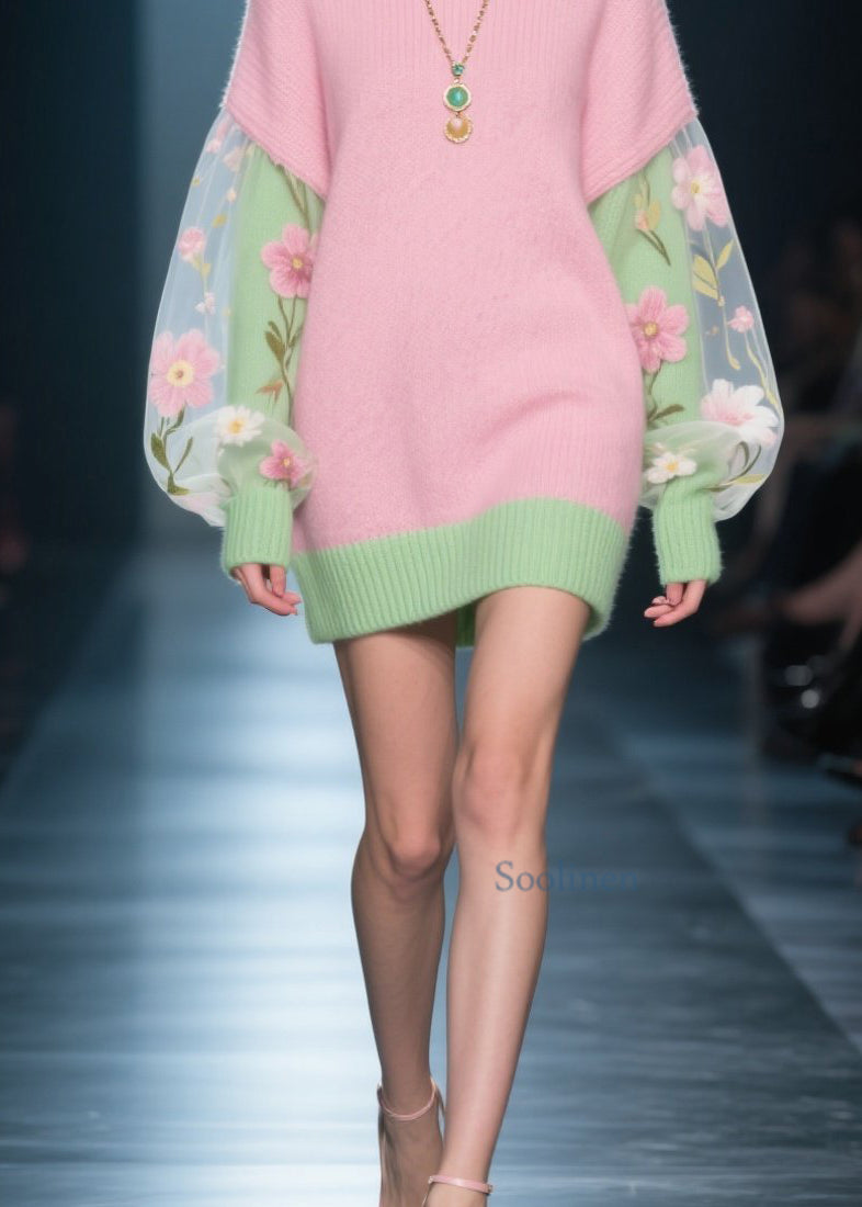 French Colorblock Tulle Floral Patchwork Knit Sweater Dress Winter