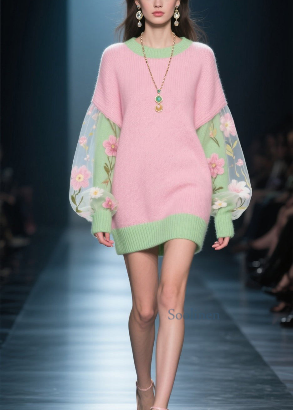 French Colorblock Tulle Floral Patchwork Knit Sweater Dress Winter