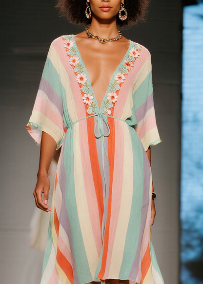 French Colorblock V Neck Floral Cotton Mid Dresses Summer