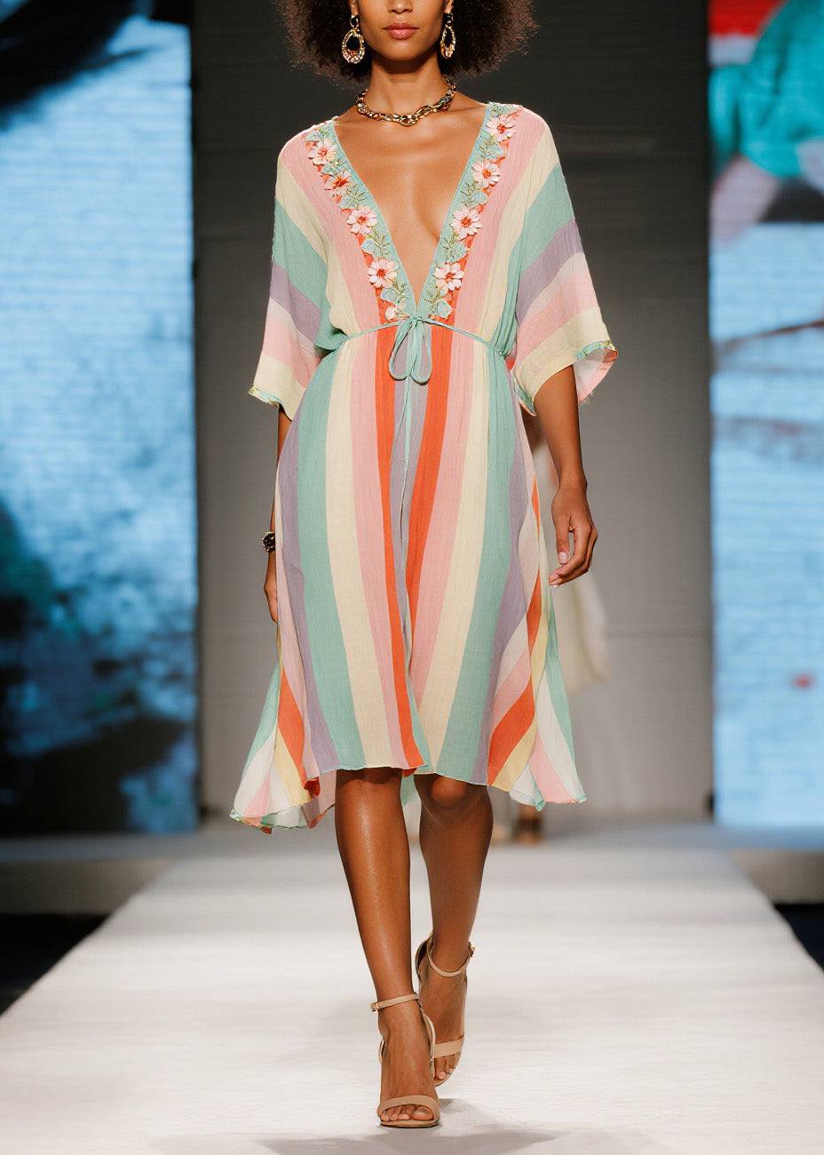 French Colorblock V Neck Floral Cotton Mid Dresses Summer