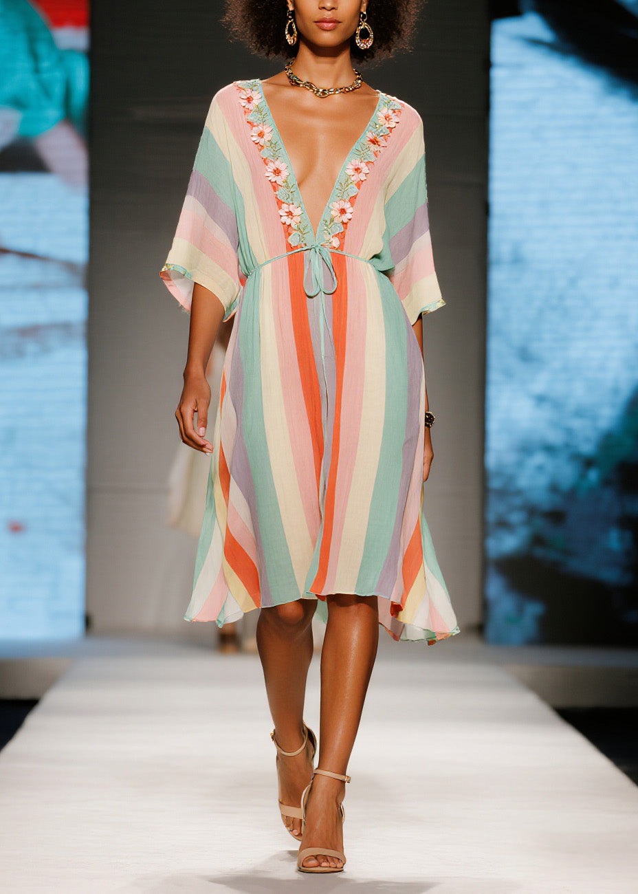 French Colorblock V Neck Floral Cotton Mid Dresses Summer