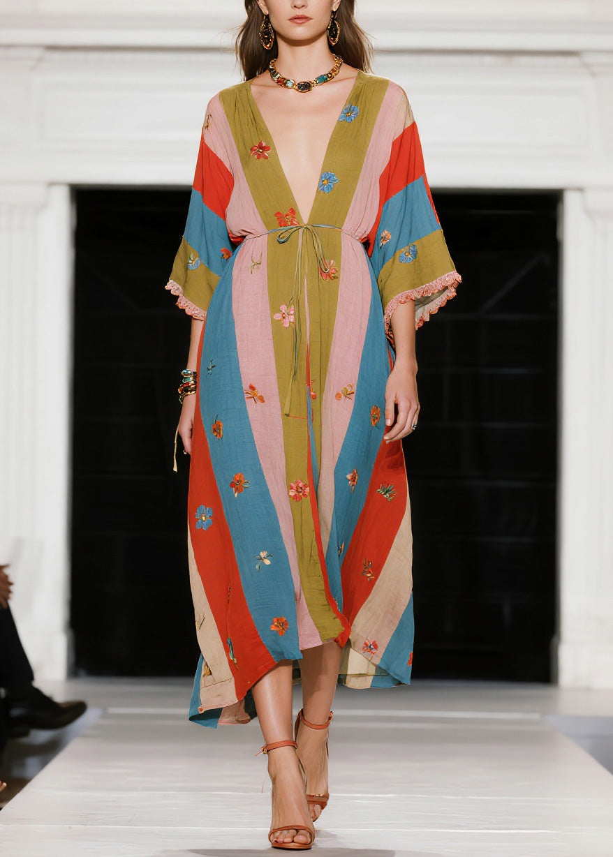 French Colorblock V Neck Floral Patchwork Cotton Dress Summer