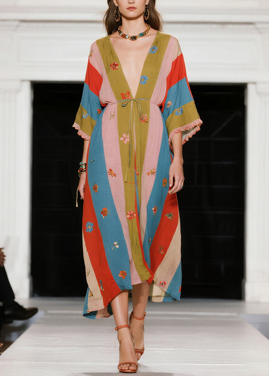 French Colorblock V Neck Floral Patchwork Cotton Dress Summer