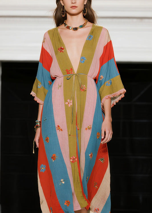 French Colorblock V Neck Floral Patchwork Cotton Dress Summer