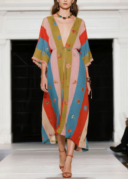 French Colorblock V Neck Floral Patchwork Cotton Dress Summer