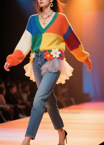 French Colorblock V Neck Loose Knit Pullover Fall