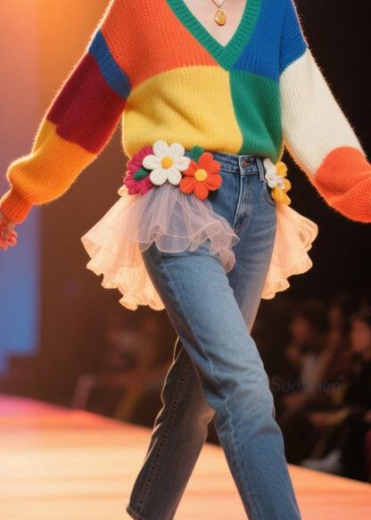 French Colorblock V Neck Loose Knit Pullover Fall