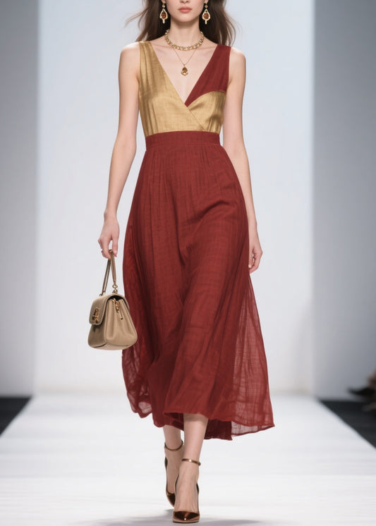 French Colorblock V Neck Patchwork Cotton Dresses Sleeveless