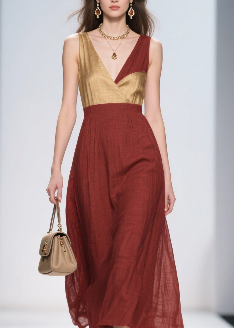 French Colorblock V Neck Patchwork Cotton Dresses Sleeveless