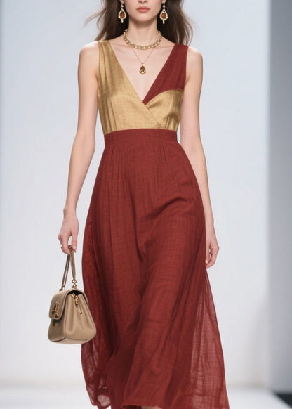 French Colorblock V Neck Patchwork Cotton Dresses Sleeveless