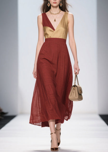French Colorblock V Neck Patchwork Cotton Dresses Sleeveless