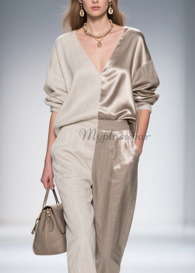 French Colorblock V Neck Patchwork Linen Silk Two Pieces Set Spring