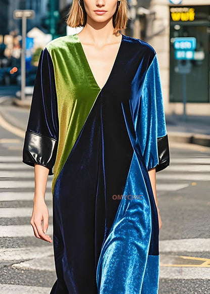 French Colorblock V Neck Patchwork Plus Size Velvet Dress Fall