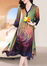 Load image into Gallery viewer, French Colorblock V Neck Print Silk Long Dress Bracelet Sleeve