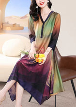 Load image into Gallery viewer, French Colorblock V Neck Print Silk Long Dress Bracelet Sleeve