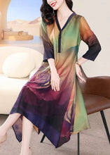Load image into Gallery viewer, French Colorblock V Neck Print Silk Long Dress Bracelet Sleeve