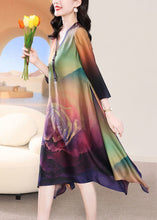 Load image into Gallery viewer, French Colorblock V Neck Print Silk Long Dress Bracelet Sleeve