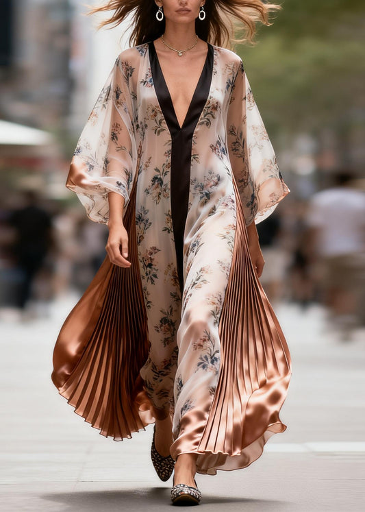 French Colorblock V Neck Print Wrinkled Patchwork Silk Dress Summer