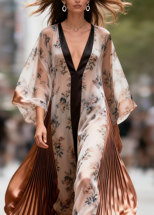 French Colorblock V Neck Print Wrinkled Patchwork Silk Dress Summer
