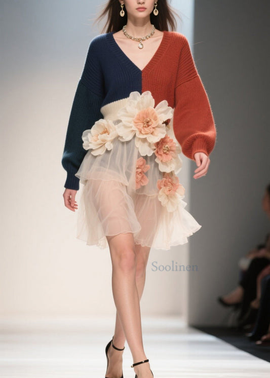 French Colorblock V Neck Tulle Floral Patchwork Knit Dress Fall