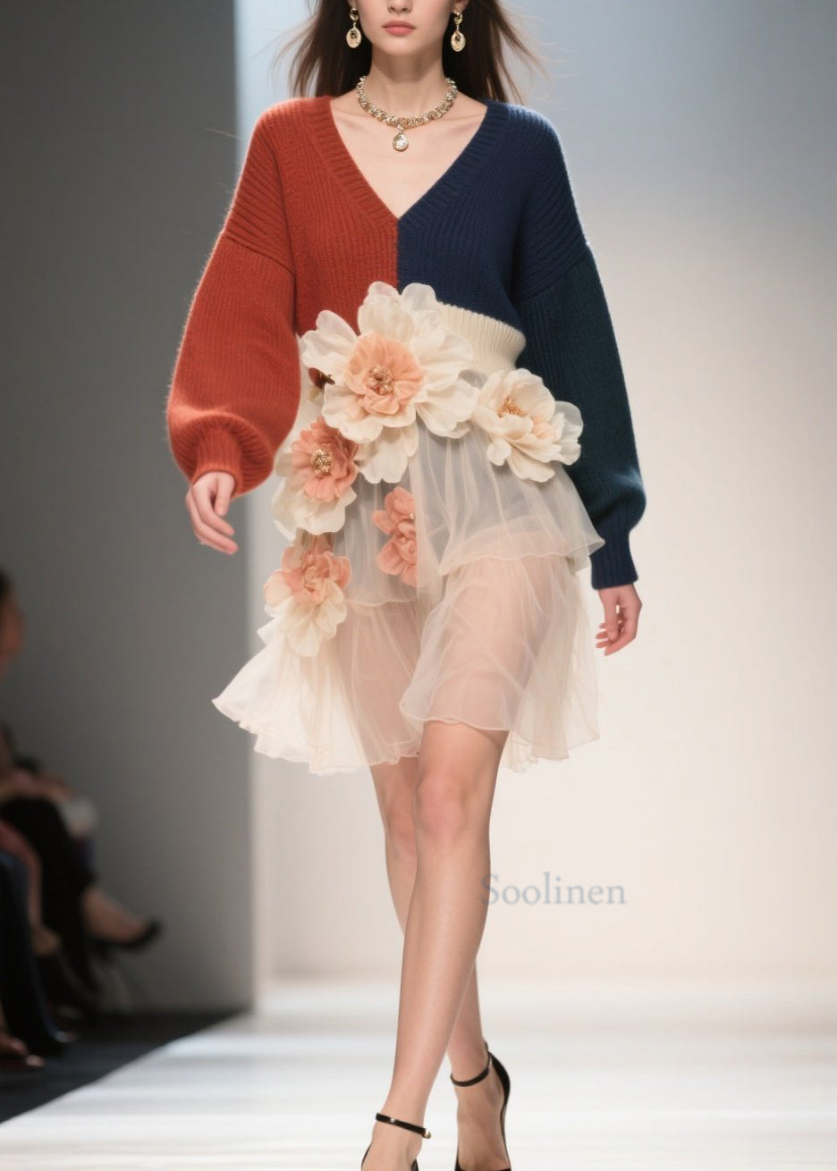 French Colorblock V Neck Tulle Floral Patchwork Knit Dress Fall