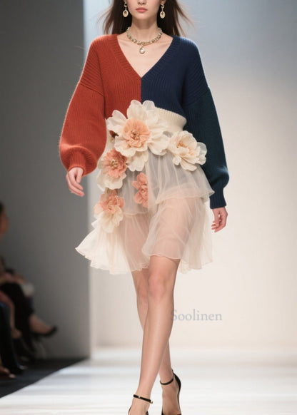 French Colorblock V Neck Tulle Floral Patchwork Knit Dress Fall