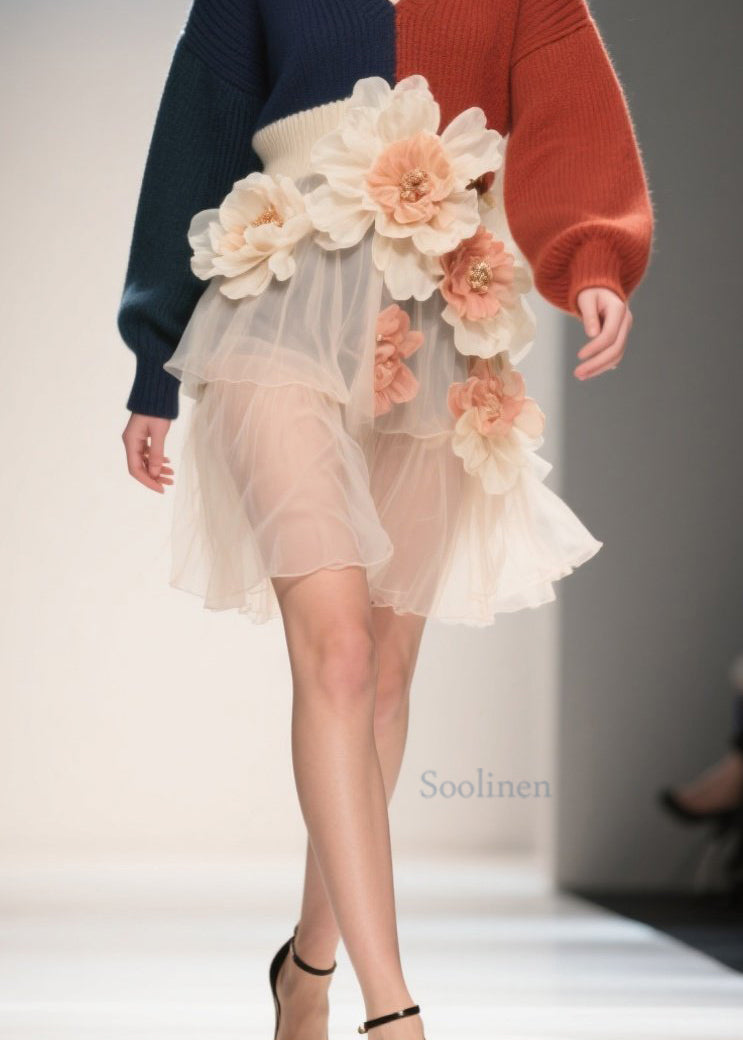 French Colorblock V Neck Tulle Floral Patchwork Knit Dress Fall