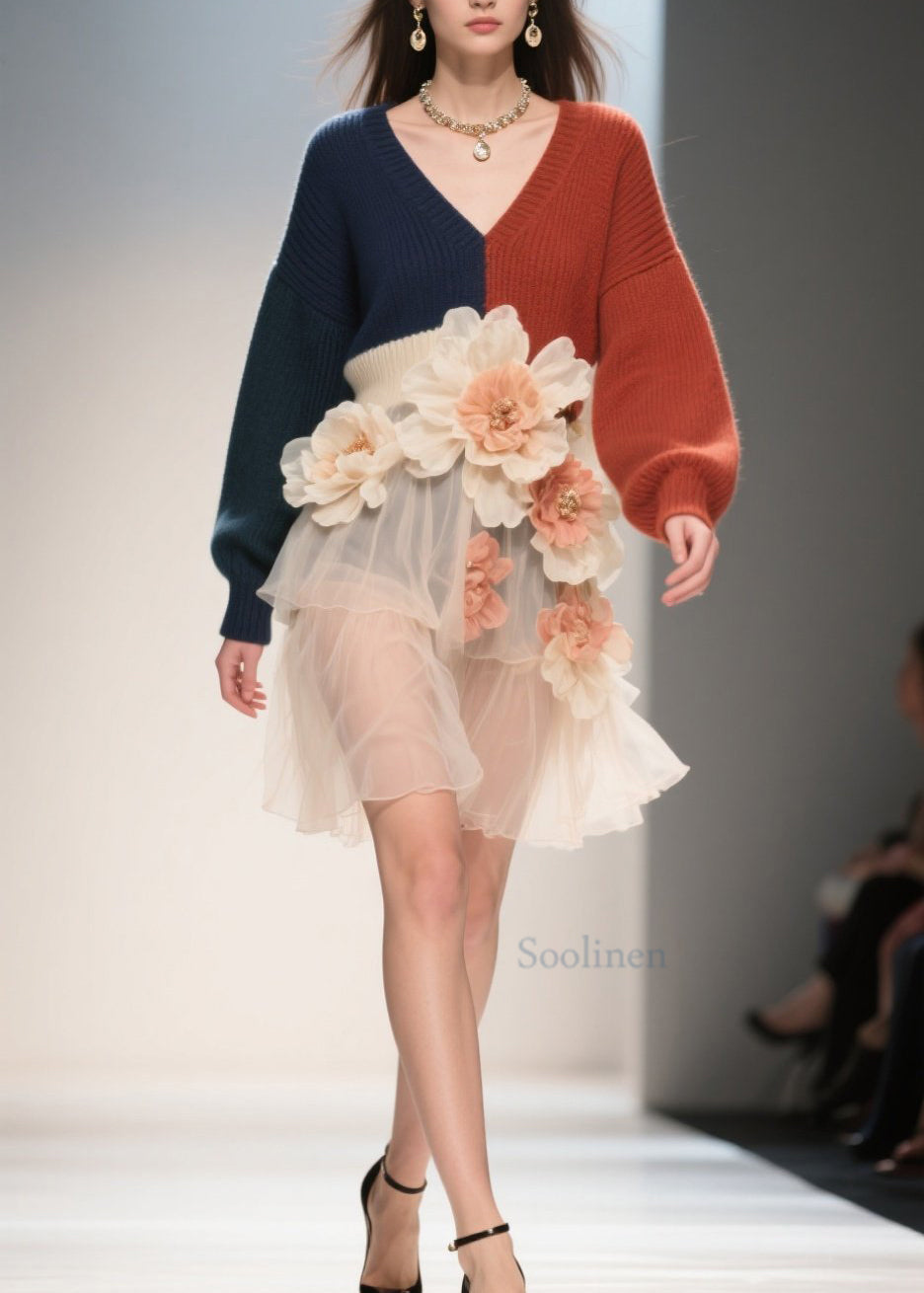 French Colorblock V Neck Tulle Floral Patchwork Knit Dress Fall