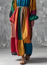 Load image into Gallery viewer, French Colorblock V Neck Wrinkled Cotton Long Dress Lantern Sleeve