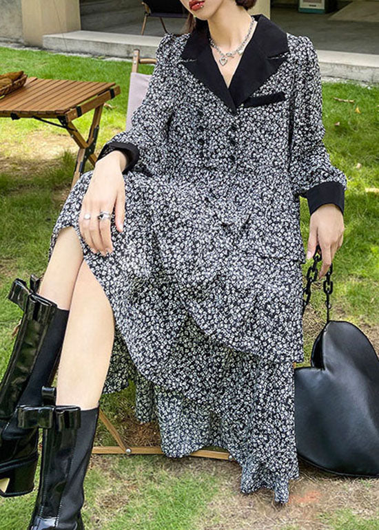 French Colorblock low high design V Neck print Patchwork Silk Mid Dress Spring