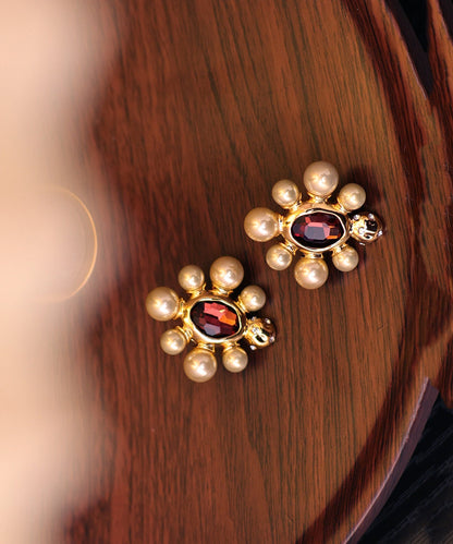 French Copper Overgild Pearl Crystal Stud Earrings