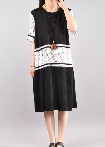 French Cotton Long Shirts plus size Cotton Casual Spliced Short Sleeve Dress - SooLinen