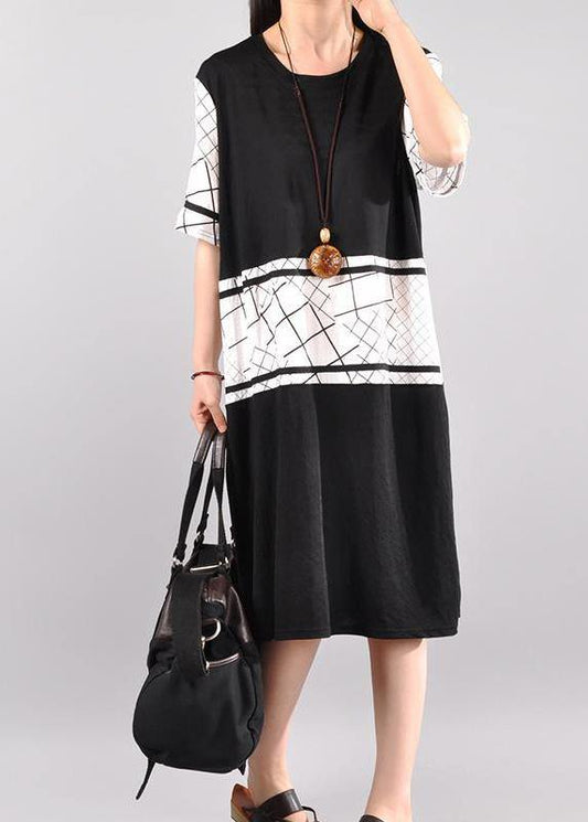 French Cotton Long Shirts plus size Cotton Casual Spliced Short Sleeve Dress - SooLinen