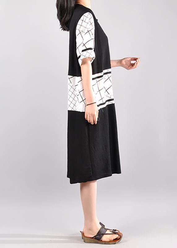 French Cotton Long Shirts plus size Cotton Casual Spliced Short Sleeve Dress - SooLinen