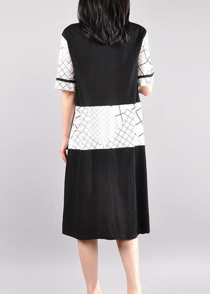 French Cotton Long Shirts plus size Cotton Casual Spliced Short Sleeve Dress - SooLinen