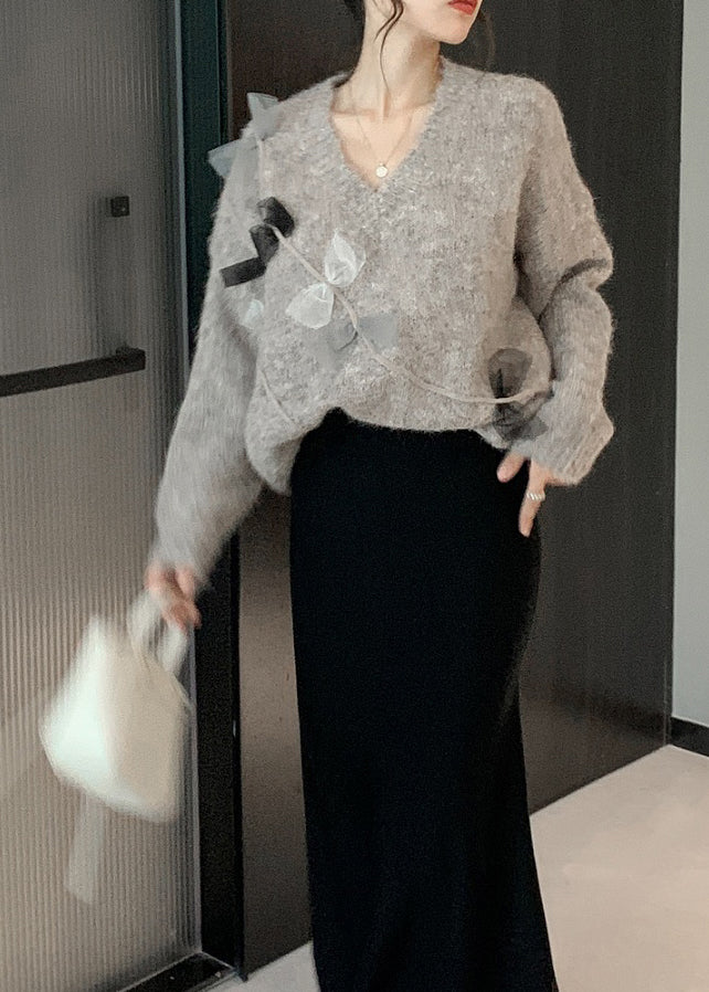 French Cozy V Neck Knitted Sweaters Tops Spring