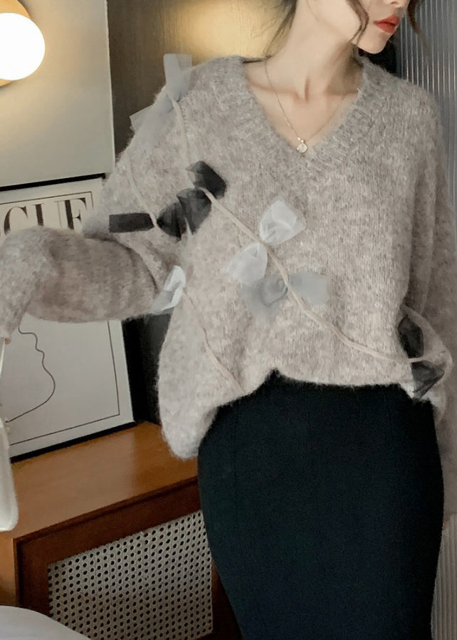 French Cozy V Neck Knitted Sweaters Tops Spring