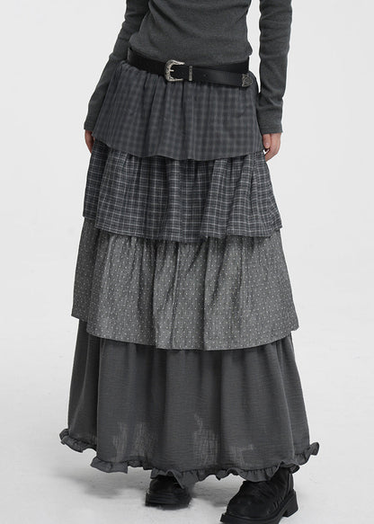 French Dark Gray Plaid Dot Elastic Waist Cotton Skirts Spring