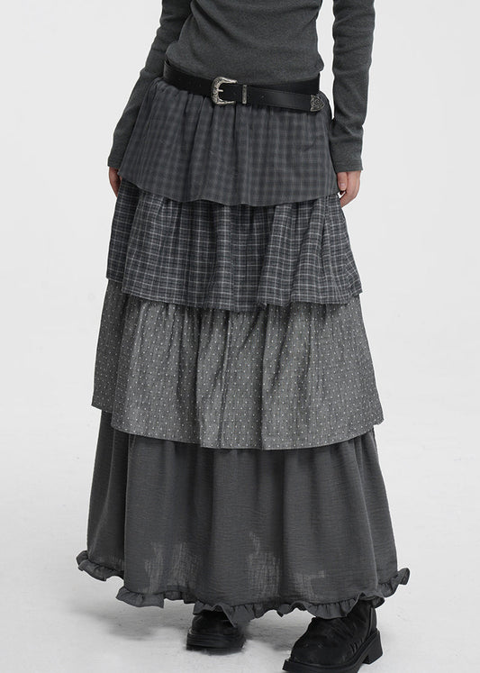 French Dark Gray Plaid Dot Elastic Waist Cotton Skirts Spring