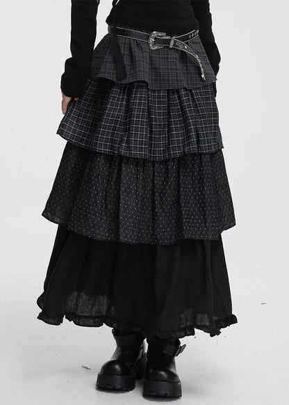 French Dark Gray Plaid Dot Elastic Waist Cotton Skirts Spring