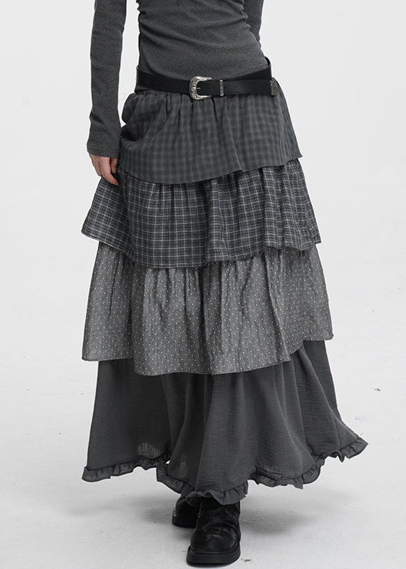 French Dark Gray Plaid Dot Elastic Waist Cotton Skirts Spring