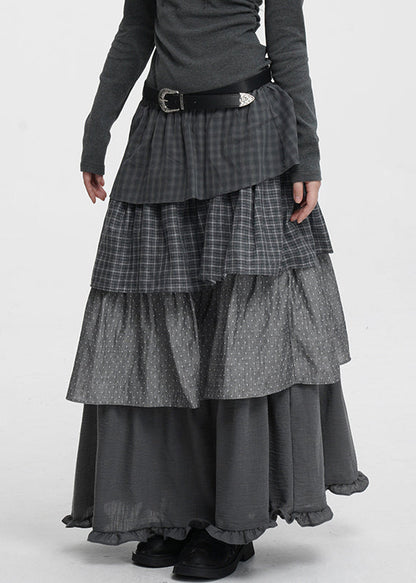 French Dark Gray Plaid Dot Elastic Waist Cotton Skirts Spring