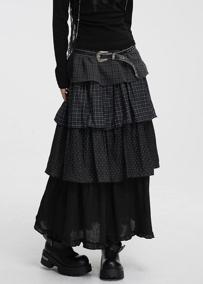 French Dark Gray Plaid Dot Elastic Waist Cotton Skirts Spring