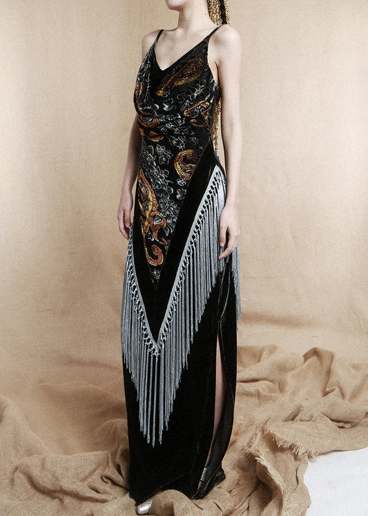 French Dark Gray V Neck Tasseled Silk Velvet Spaghetti Strap Dress Sleeveless