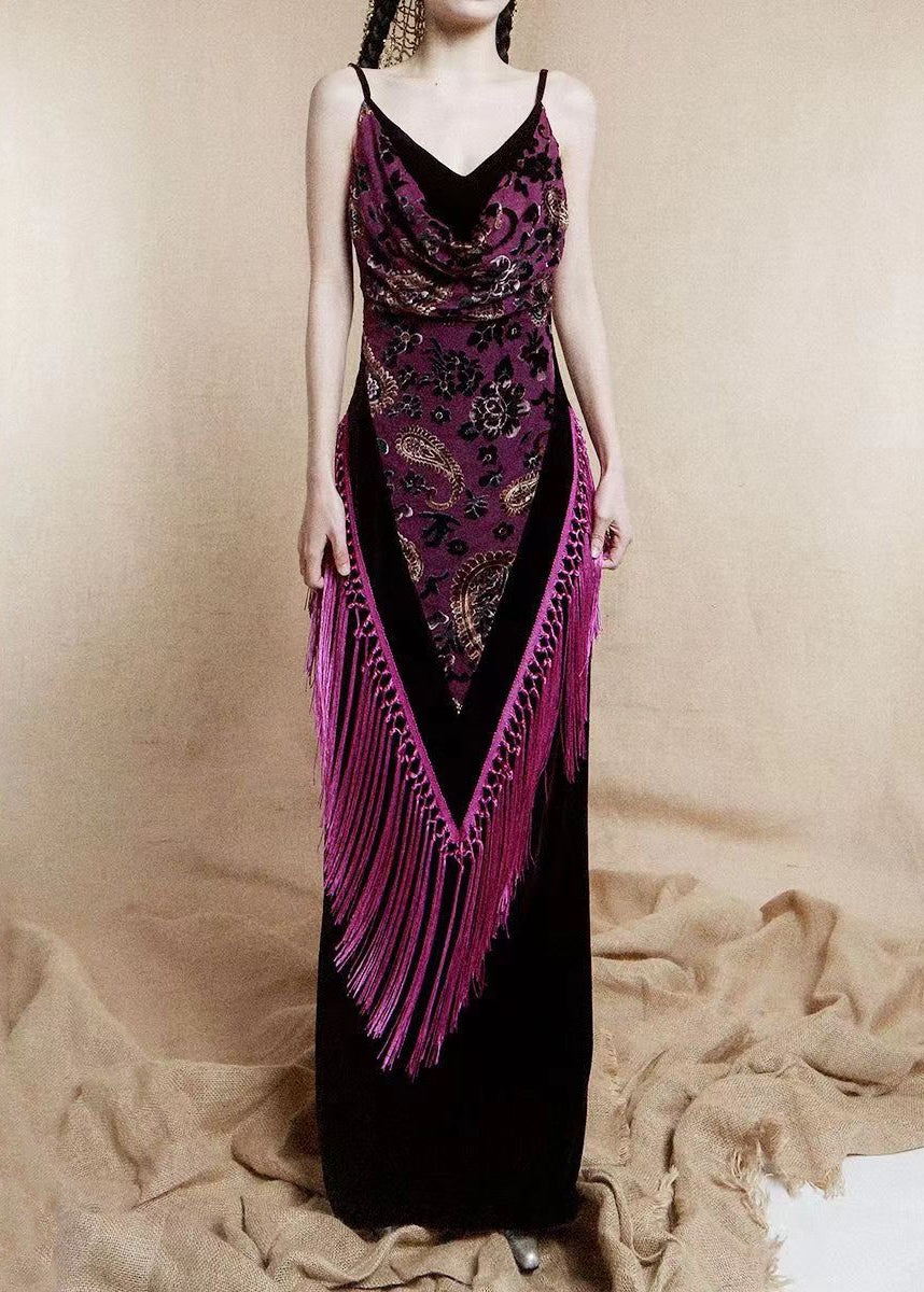 French Dark Gray V Neck Tasseled Silk Velvet Spaghetti Strap Dress Sleeveless