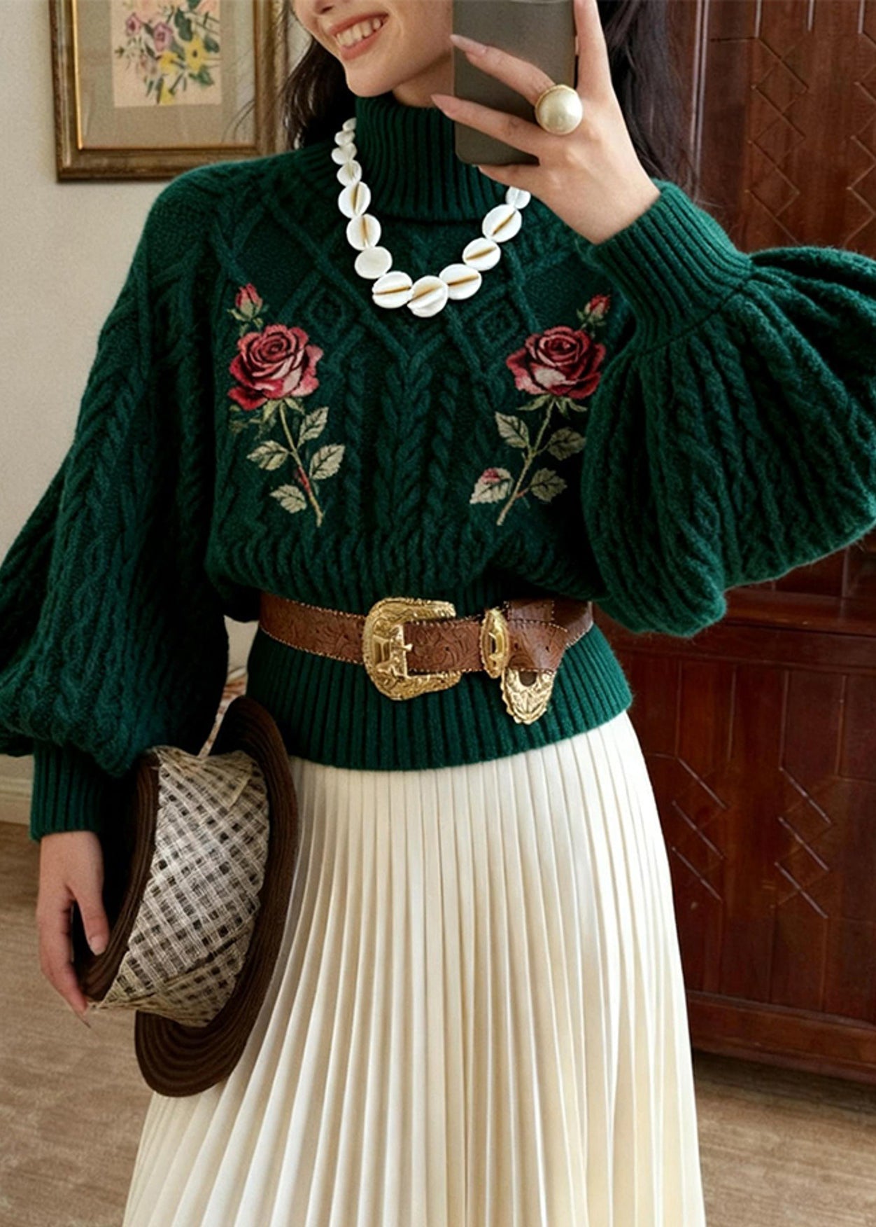 French Dark Green Turtleneck Rose Cable Cotton Knit Sweater Lantern Sleeve
