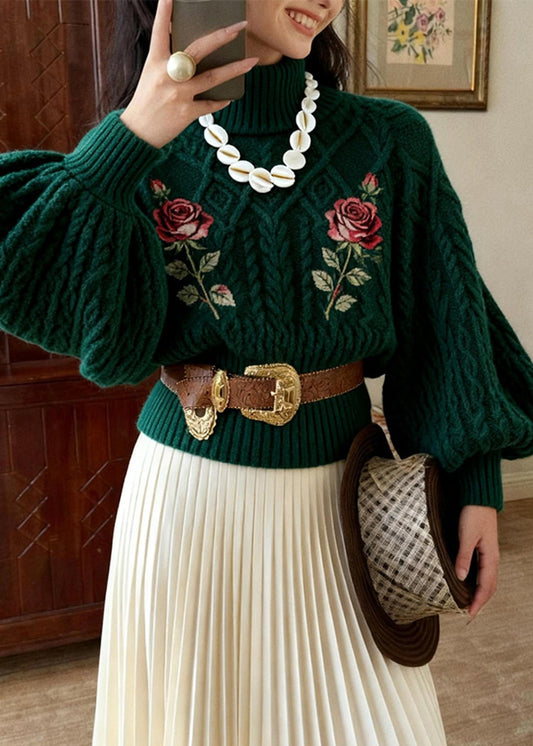 French Dark Green Turtleneck Rose Cable Cotton Knit Sweater Lantern Sleeve
